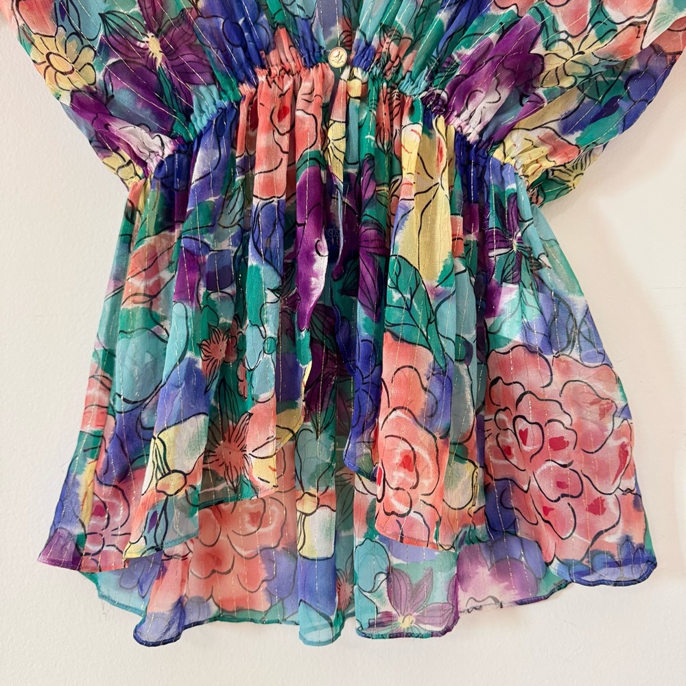 Anthropologie What Goes Around Comes Around 100% Silk Sheer Floral Blouse Size S - Picture 2 of 12